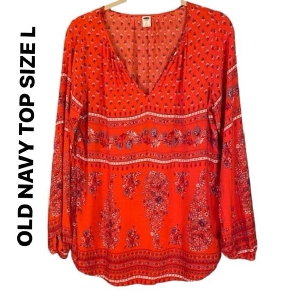 Old Navy Floral Top Women's Large Red Multi Boho V Neck - Picture 1 of 6